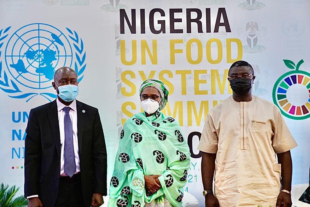 from left, Mr. Fred Kafeero (FAO) Rep, Minister of Finance, Budget and National Planning Dr. Zainab Ahmed, Minister of State, Budget and National Planning Prince. Prince Clem Agba, at the UN Food System Summit today in Abuja.