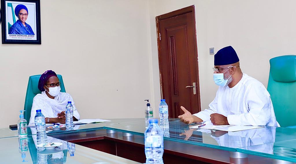 The Hon Minister of Finance Budget and National Planning,Mrs (Dr) Zainab Ahmed listens as Chairman of National Hajji Commission, Alhaji Zikrullah Kunle Hassan explains during his visit to the Hon Minister at her office in Abuja.