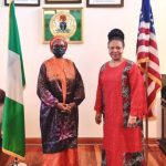 Mrs. Zainab Shamsuna Ahmed, Honourable Minister of Finance, Budget & National Planning (L) with Nigerian Ambassador to the US, H.E.Dr. Uzoma Emenike